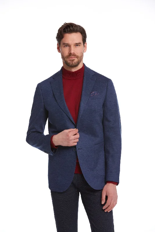 Slim Fit Notch Lapel Plain Wool Blend Navy Casual Blazer, Blue Refined Men's Classic 