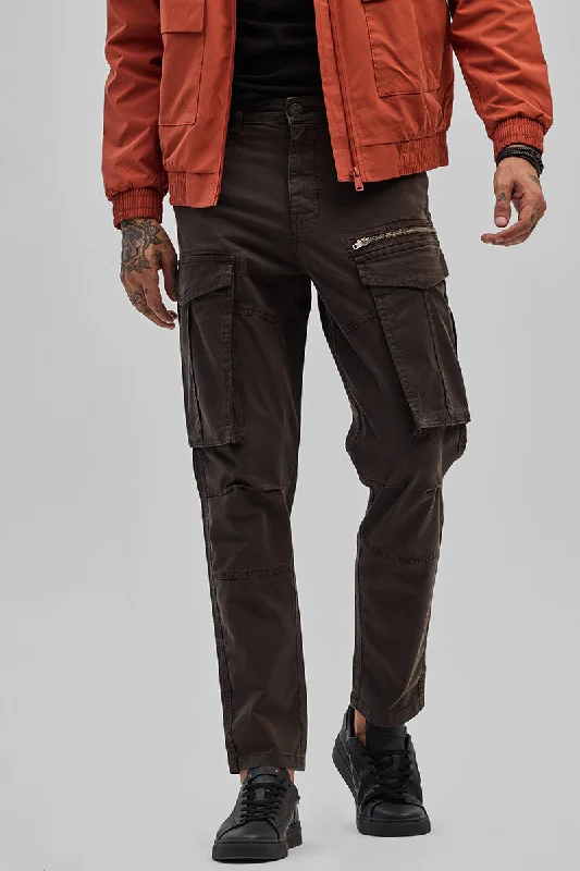 Dark Brown Relaxed Fit Cargo Pants Polished Men's Satin