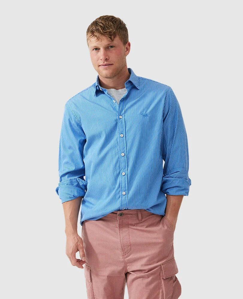 Balmoral Hill Poplin Shirt - Stripe - Ocean Blue Sporty Men's Athleisure 