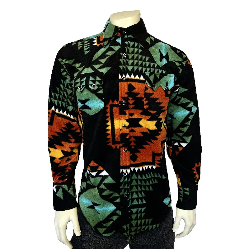 Men's Native Pattern Fleece Western Shirt in Black & Turquoise Organic