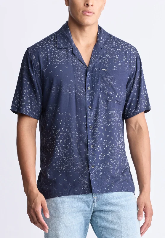 Santi Men's Paisley Print Short-Sleeve Button-Up Shirt, Midnight blue - BM24521 Practical Men's Quick