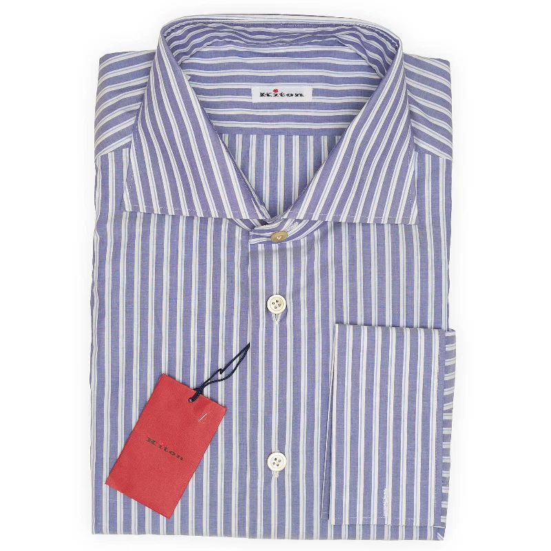 KITON Napoli Handmade Blue Striped Cotton French Cuff Dress Shirt EU 44 NEW US 17.5 Refined Men's European