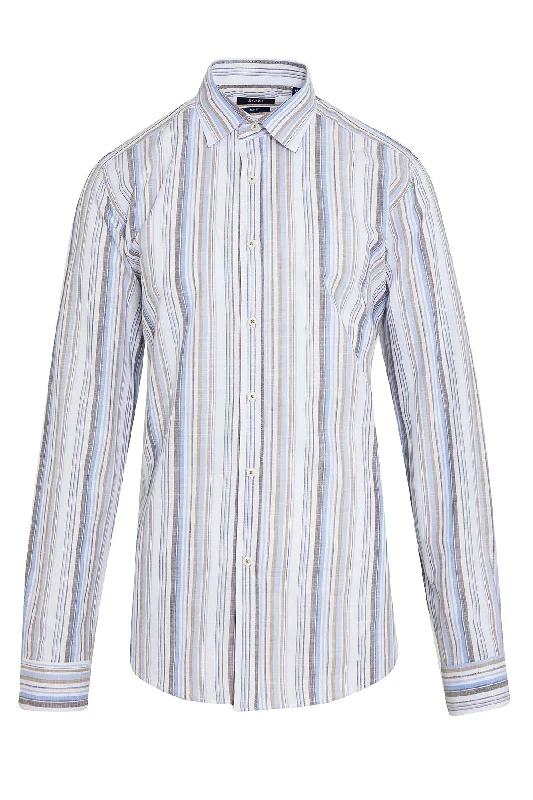 Slim Fit Long Sleeve Striped Cotton Brown Dress Shirt Bohemian Men's Free