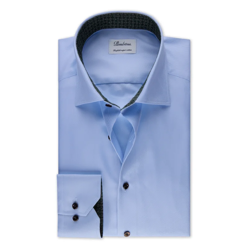 Blue Textured Twill Fitted Body Shirt w/ Contrast Details - Stenströms Elegant Men's Formal 