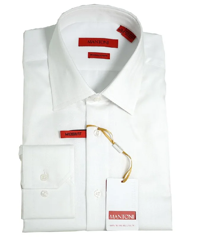 Mantoni Modern Fit Wrinkle Free Herringbone White Dress Shirt-White Herrinbone Tough Men's Tactical