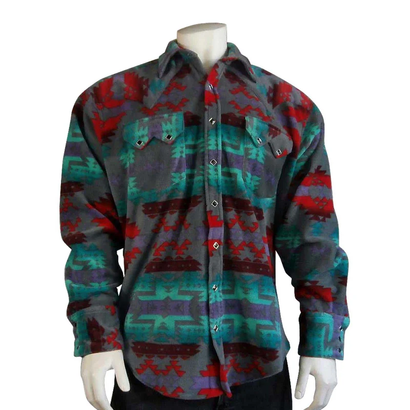 Men's Native Pattern Fleece Western Shirt in Grey & Red Casual Men's Japanese 