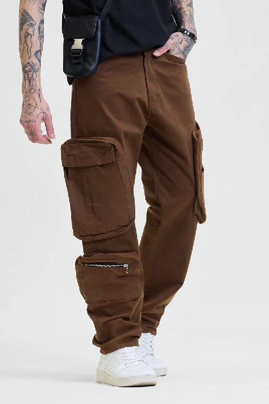 Brown Relaxed Fit Multi-Pocket Cargo Pants Street