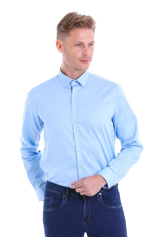 Comfort Fit Long Sleeve Cotton Light Blue Dress Shirt Hip Men's Urban