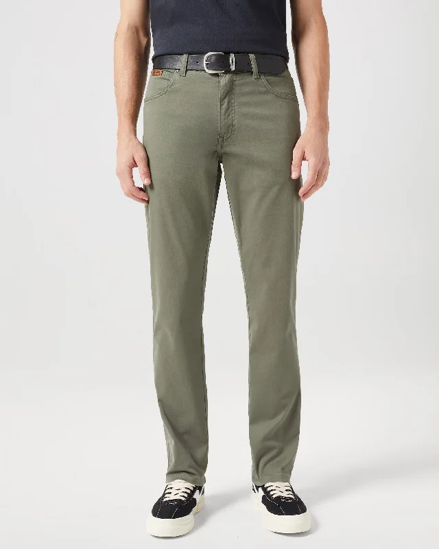 Wrangler Texas SLIM Mens Cotton Satin Trousers - Dusty Olive Classic Men's Pin